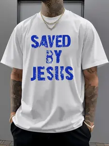 White Short-Sleeve Casual Tee for Men Featuring Lettering And a Cross Print, Perfect for Church Or Everyday Wear.Breathable Round Neck Design, Machine Washable, And an Inspiring Gift Option, Plus Size