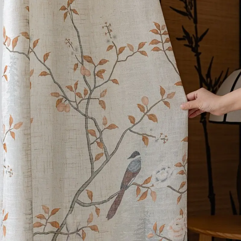 1pc Song Dynasty Aesthetic Linen Curtain Drapes, New Chinese Floral Bird Landscape Zen Window Screen, Classical Chinese Style for Study Room
