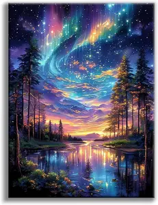 Starry Night Stamped Cross Stitch Kits for Adults - Lake Tree Embroidery Kits for Beginners Adults,11 CT Patterns Dimensions Counted Cross Stitch Kits for Adults Arts Craft 12x16 inch