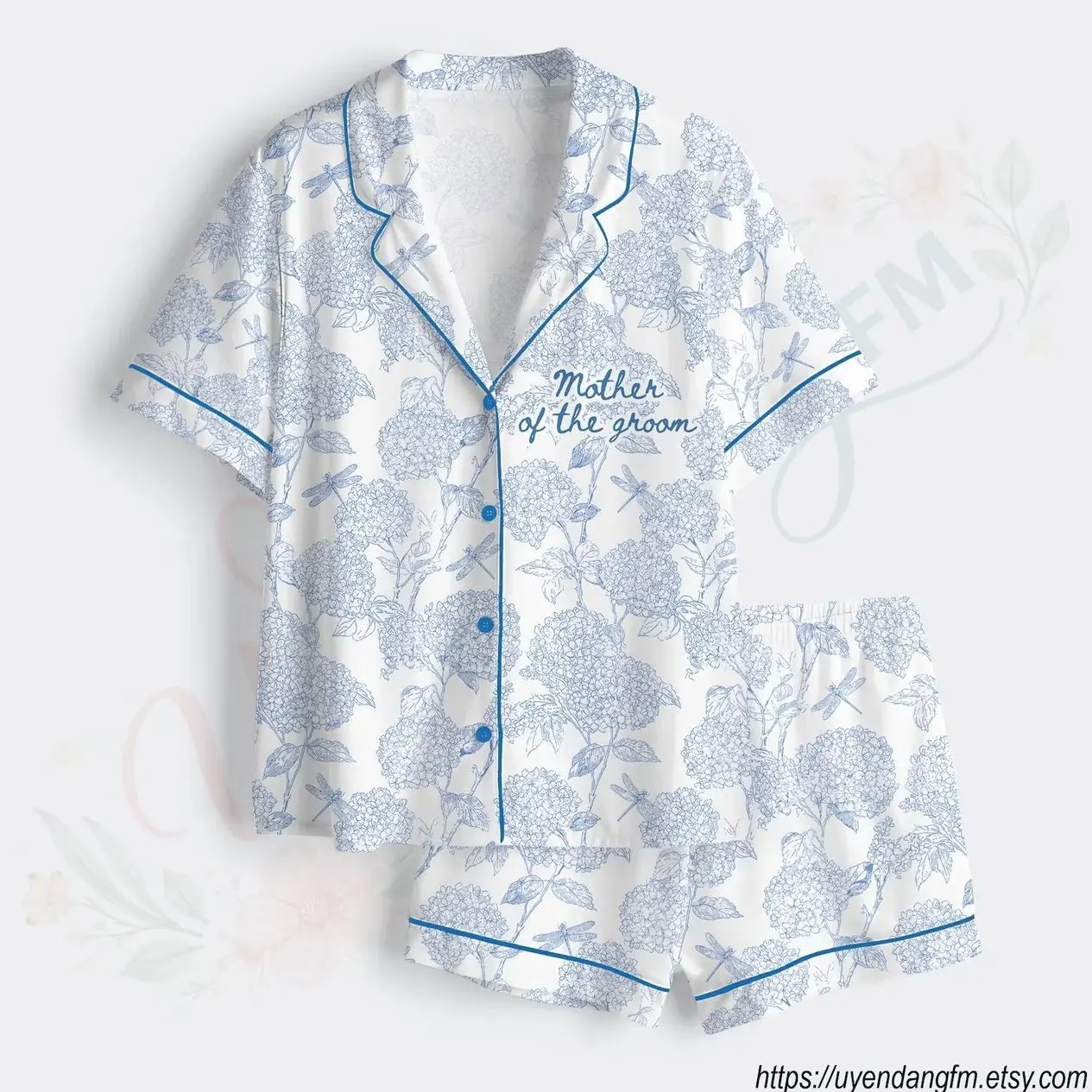 Personalized Bridal Party Satin Pajamas, Mother of the Groom PJs, Blue Hydrangea Floral Pajama Set, Wedding Morning Loungewear Gift
