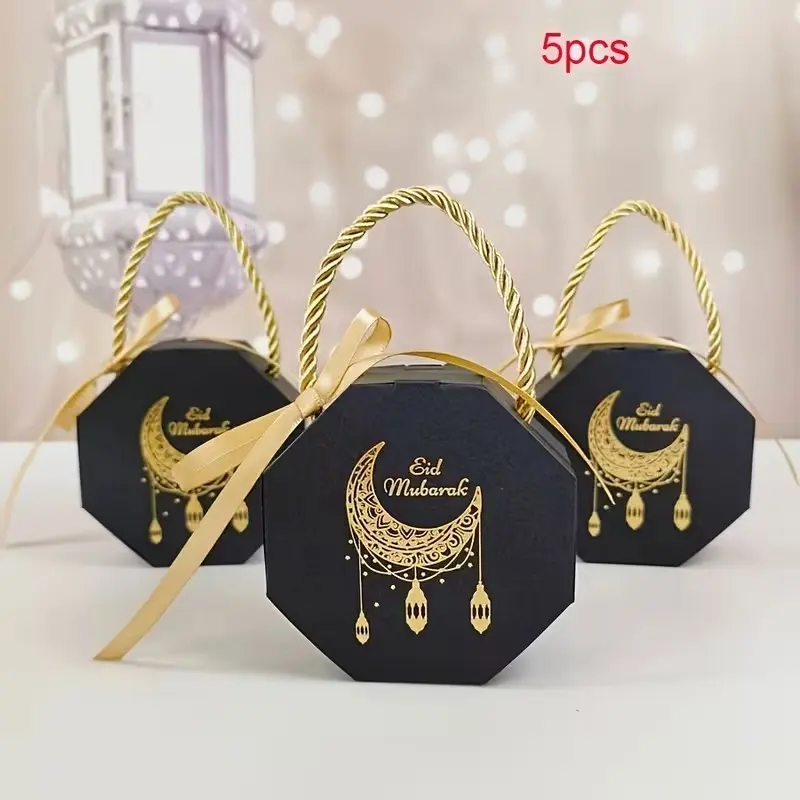 5pcs Eid Mubarak Candy Gift Boxes, Islamic Ramadan Kareem Paper Favor Boxes, Eid Al-Fitr Iftar Suhoor Dessert Table Decorations