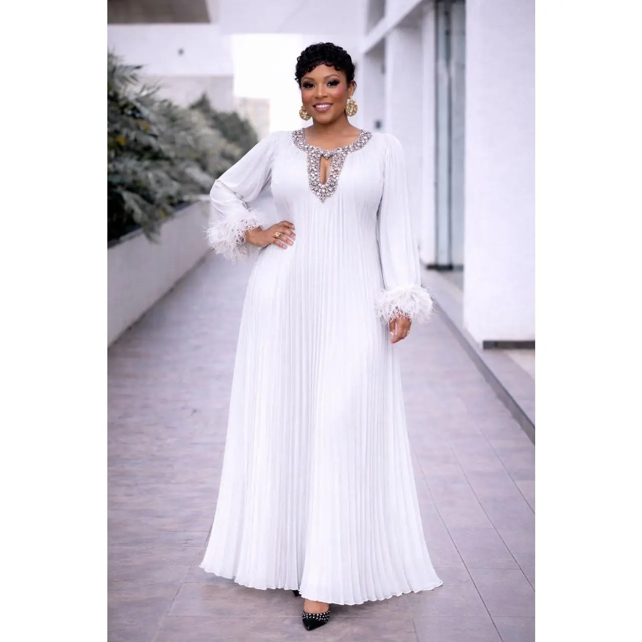 Classy Diamante Feathered Pleated Twirl Maxi Chiffon Dress, Wedding Guest Cocktail Gala