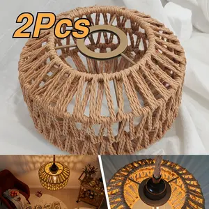 2Pcs Boho Flat Lantern Lampshade, Vintage Wicker Woven Ceiling Lamp Shade for Living Room Dining Room Bedroom, Handmade Craft Lampshade Without Bulb