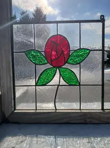 Stained Glass Window Hanging Suncatcher - Art Nouveau Red Rose RB-264