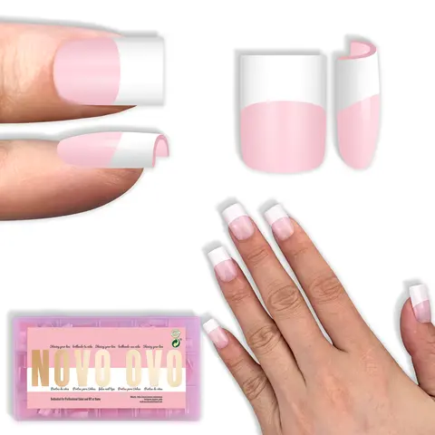 NOVO OVO Press on Nail Sets - 240-Piece Wide White French Tip Milky Pink Short Sharp Square Soft Gel Full Cover Fake Nails, No Glue/UV Lamp Needed, Requires Builder Gel Top Coat, Salon/DIY Extensions (15 Sizes) #backtoschoolnails,soho, French Tip Press On