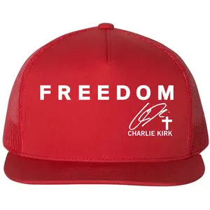 Freedom Charlie Kirk Signature Christian Christ Cross Tribute Faith Flat Bill Trucker Hat Red Mesh Back Adjustable Snapback