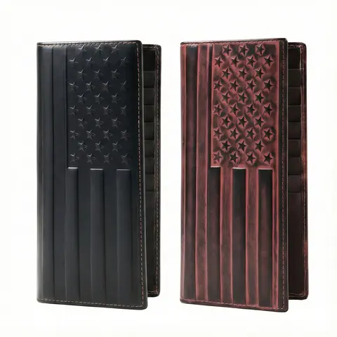 Men's Top-Grain Cowhide Leather RFID Shielded Anti-Theft Long Western Cowhide Wallet - Brown/Black Flag Embossed, 13 Card Slots, 1 ID Slot, Vintage Cowboy Retro Style, Built-In Card Holder, Chic Elegant, Father's Day Gift for Fathers