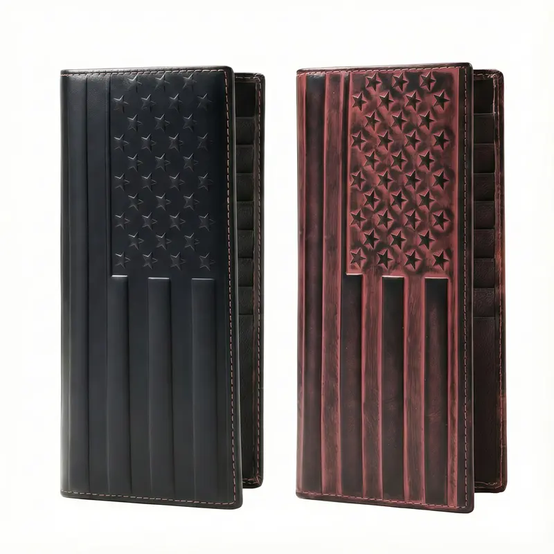 Men's Top-Grain Cowhide Leather RFID Shielded Anti-Theft Long Western Cowhide Wallet - Brown/Black Flag Embossed, 13 Card Slots, 1 ID Slot, Vintage Cowboy Retro Style, Built-In Card Holder, Chic Elegant, Father's Day Gift for Fathers