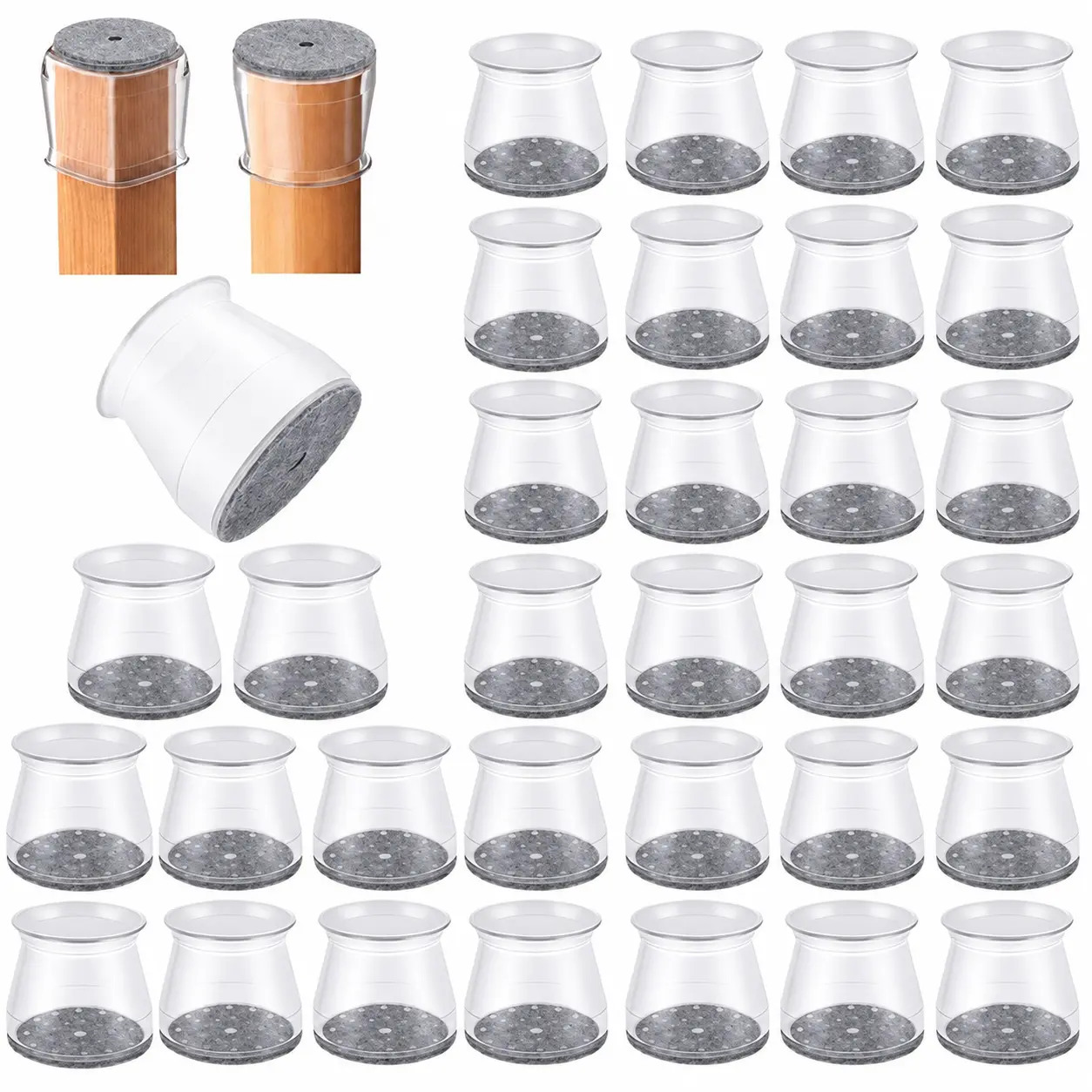Chair Leg Floor Protectors with Felt Pads, Clear Silicone Furniture Leg Caps for Hardwood Floors, Fits Round & Square Chair Legs, Noise Reducing Scratch Protection Covers