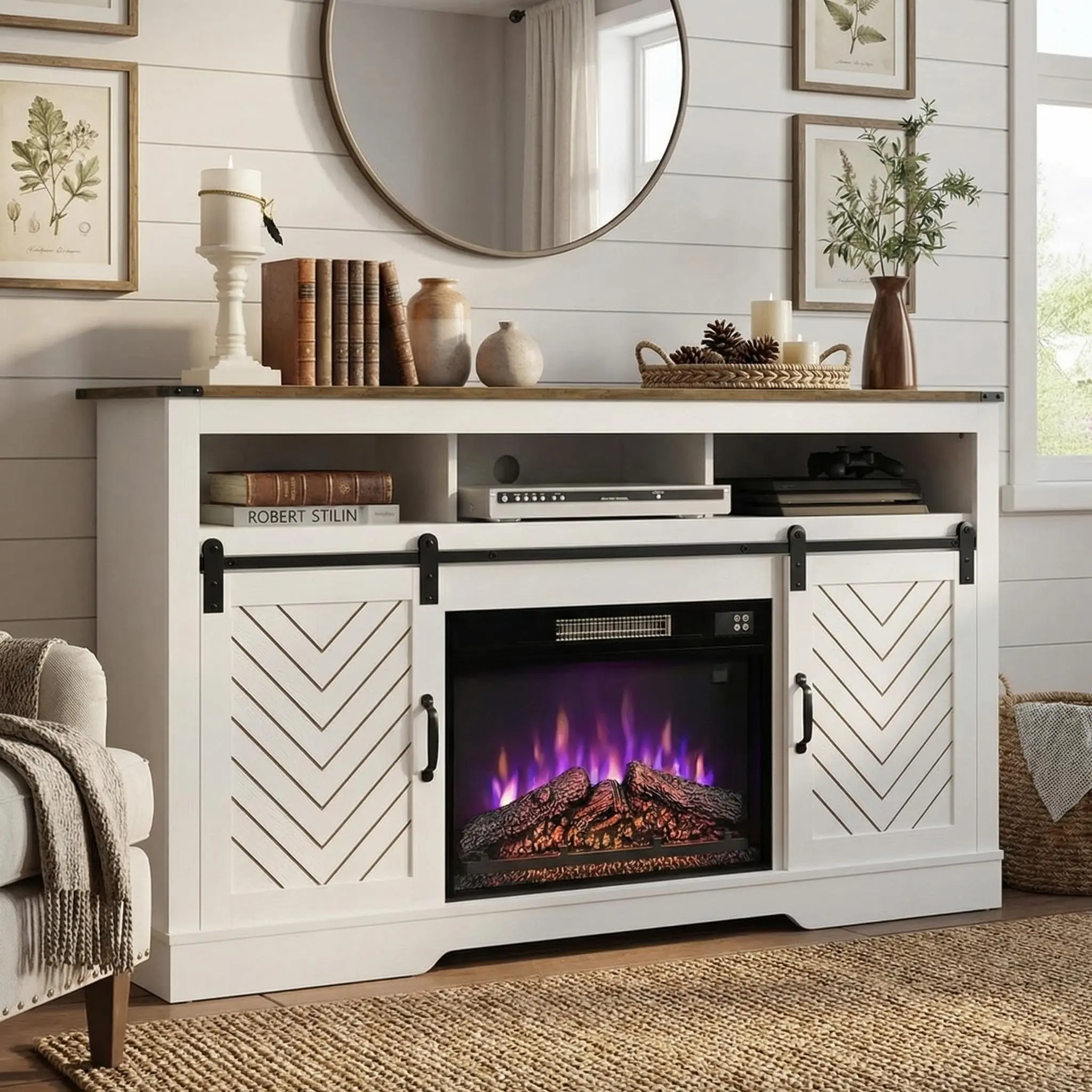 RoyalCraft L Farmhouse Fireplace TV Stand for 65+ Inch TV, Entertainment Center with 23" Electric Fireplace with Remote, 34" Tall Modern Rustic TV Console with Sliding Bar Door for Living Room, Black