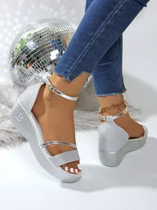 Summer New Women's Luxurious Multicolor Silver Sequins Wedge Buckle Sandals, Bohemian Casual Slip-On Shoes