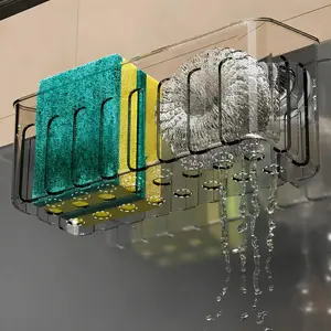 Clear Suction Cup Sink Caddy Organizer, No-Drill Inside Sink Sponge Holder with Quick Drain Holes, Removable & Washable Kitchen Sink Storage for Sponges, Scrubbers, Brushes, Rust-Resistant Clutter Saver 7.7 × 3.3 × 3.5 in（Twist the Suction Cup to install）