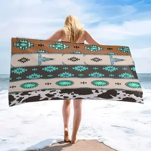 Western Cowboy Style Cow Head Geometric Print Beach Towel, Microfiber Beach Towels, Super Absorbent Microfiber Bath Towel, Reusable for Travel, Swimming, Yoga, Camping
