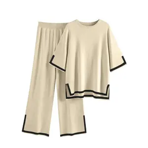 2-piece set of women's short sleeved knitted top, wide leg pants set, soft women's clothing, super large elasticity, unique and comfortable elastic work clothes, home clothes can be matched with raincoat