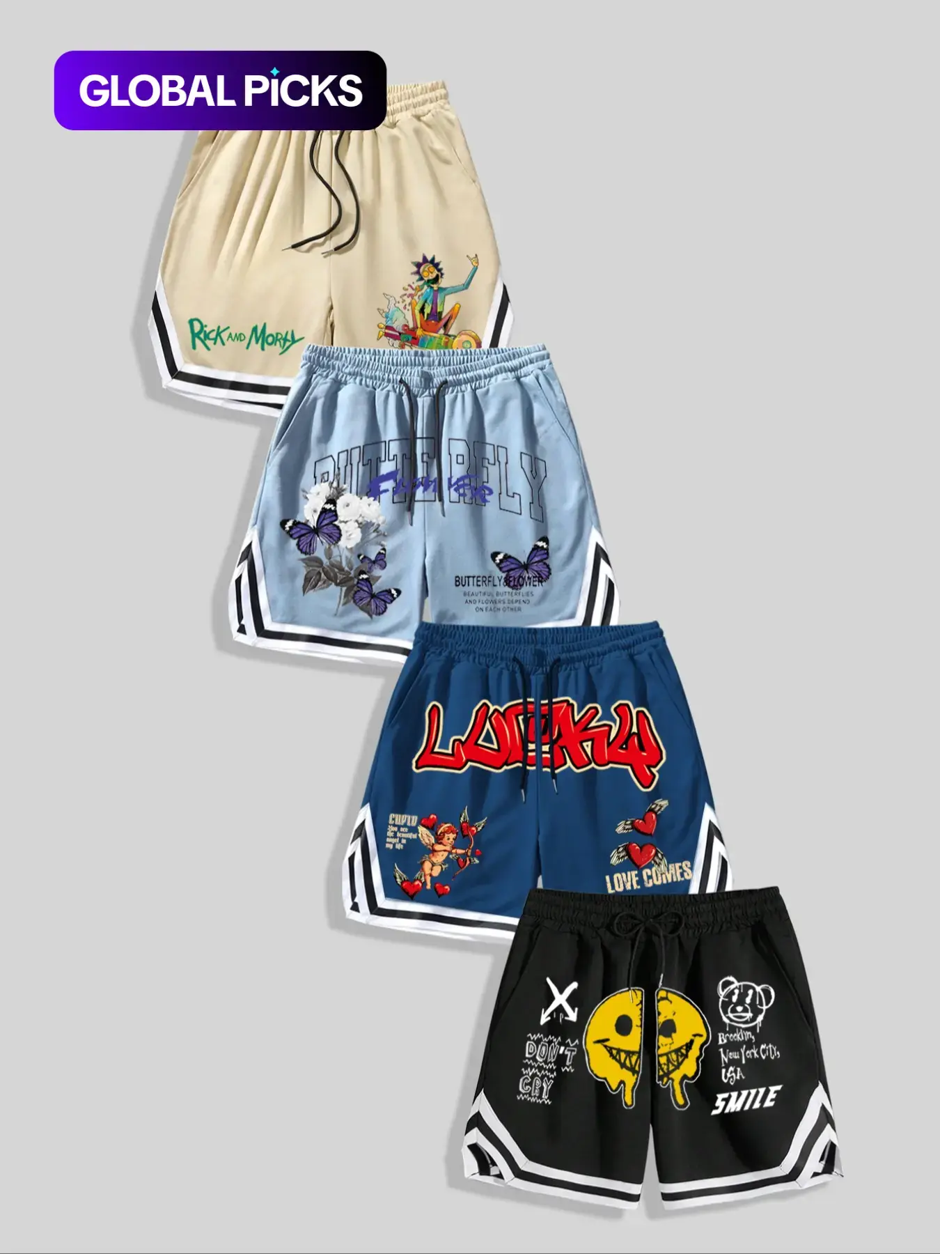 Men's Floral & Letter & Smile Face & Cupid Print Drawstring Waist Shorts, Graphic Print Shorts, Regular Fit Casual Comfy Breathable Printed Shorts, Daily Casual Shorts, Men's Bottoms for Summer