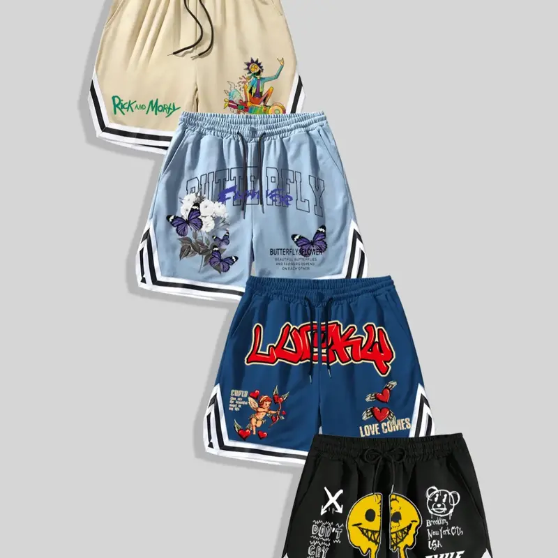 Men's Floral & Letter & Smile Face & Cupid Print Drawstring Waist Shorts, Graphic Print Shorts, Regular Fit Casual Comfy, Daily Casual Shorts, Drawstrings Shorts, Men's Bottoms for Summer
