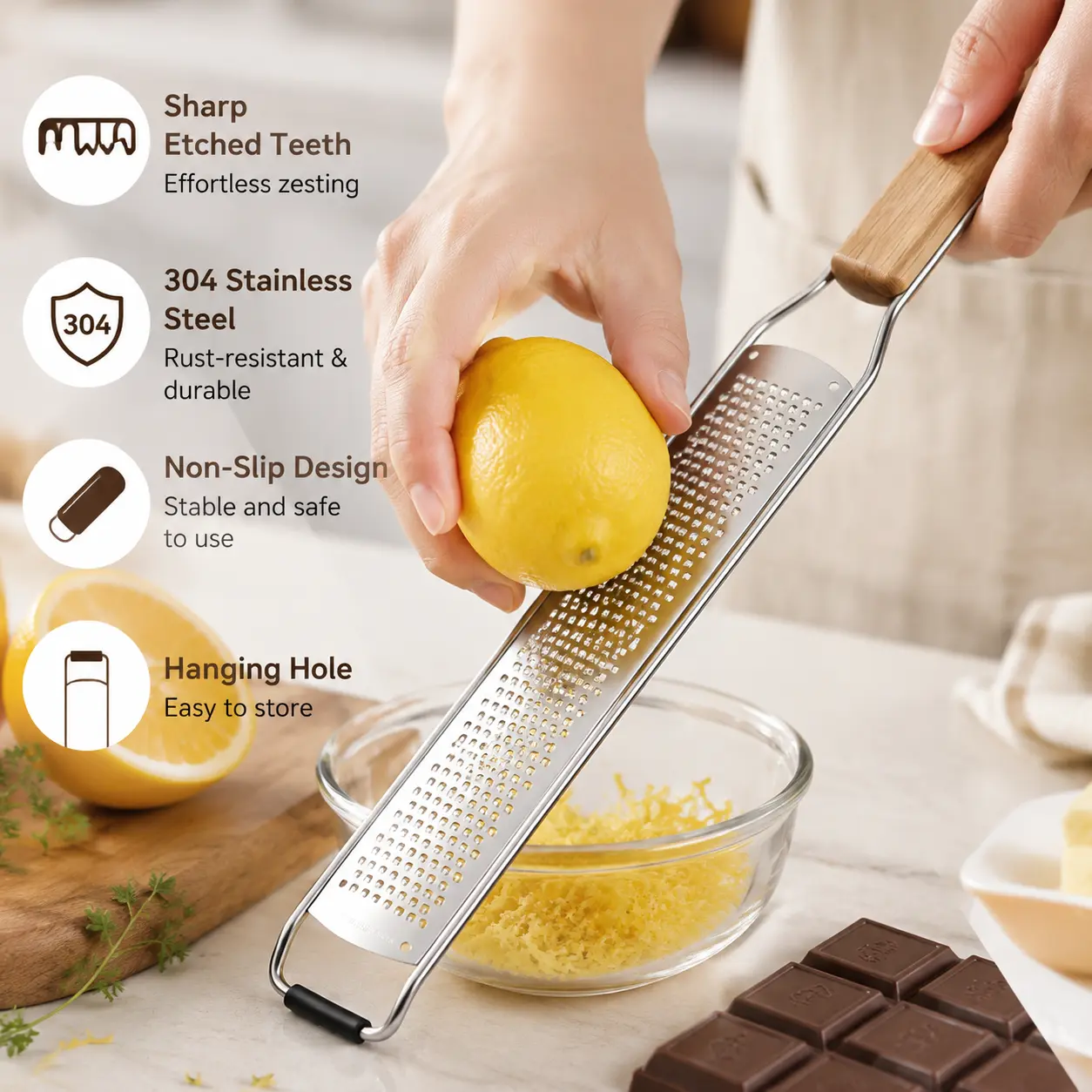 1 Piece, 304 Stainless Steel Lemon Zester Grater with Non-slip Wooden Handle, for Home Kitchen Zesting Lemon, Shredding Ginger and Cheese