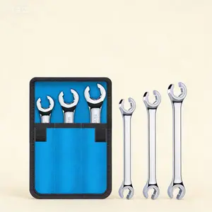 Double-End SAE Flare Nut Wrench Set, 6-Point 15° Offset Head, Cr-V Steel Line Wrench for Fuel Brake and AC Lines, 3/8 7/16 1/2 9/16 5/8 11/16 Inch Sizes, 3-Piece Premium Tool Set