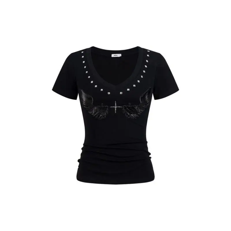 Black V Neck Rhinestone Cross Wing Patch Short Sleeve T Shirt Women Slim Y2K Street Top