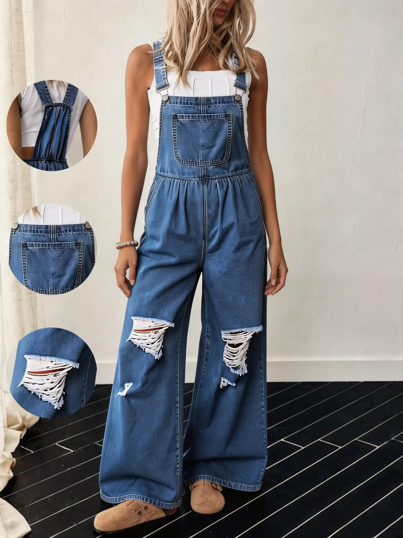 Women's Bohemian Vintage Ripped Denim Overalls Jumpsuit, Denim Jumpsuits, Jean Jumpsuit, Sleeveless Boho Casual Summer Fashion, Comfortable and Stylish, Perfect for Daily Wear