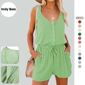 Imily Bela Women's Summer Scoop Neck Sleeveless Button Down Tank Top Rompers Elastic Waist Shorts Outfits with Pockets