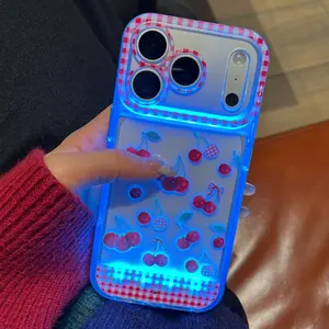 Vibrant LED Checkered Cherry Phone Case, Accessories, Personalized Unique Call Light Design, Cellphone Compatible with iPhone X/11/12/13/14/15/16/17 Pro/Pro Max/Plus, Stylish Protective Cover, Unique Design for Daily Use, Protective Shell, Casing