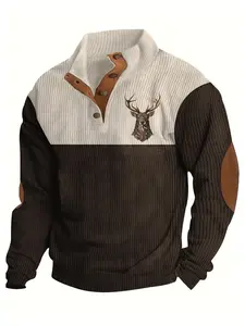 A new men's deer print corduroy casual long sleeve with color blocking design, stand-up collar, casual style, comfortable fabric, suitable for mens daily wear in autumn and winter, men's casual sports long sleeves.
