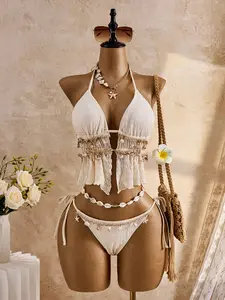 Tankini set white textured knot halter fringe boho beach vacation