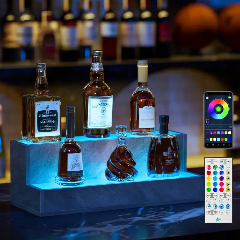LED Lighted 20 Inch barLiquor Bottle Display Shelf, DIY Bottle Shelf with App & Remote Control, 2 Step Holding Bottles for Home Bar, Party Utensils, Wood Stand