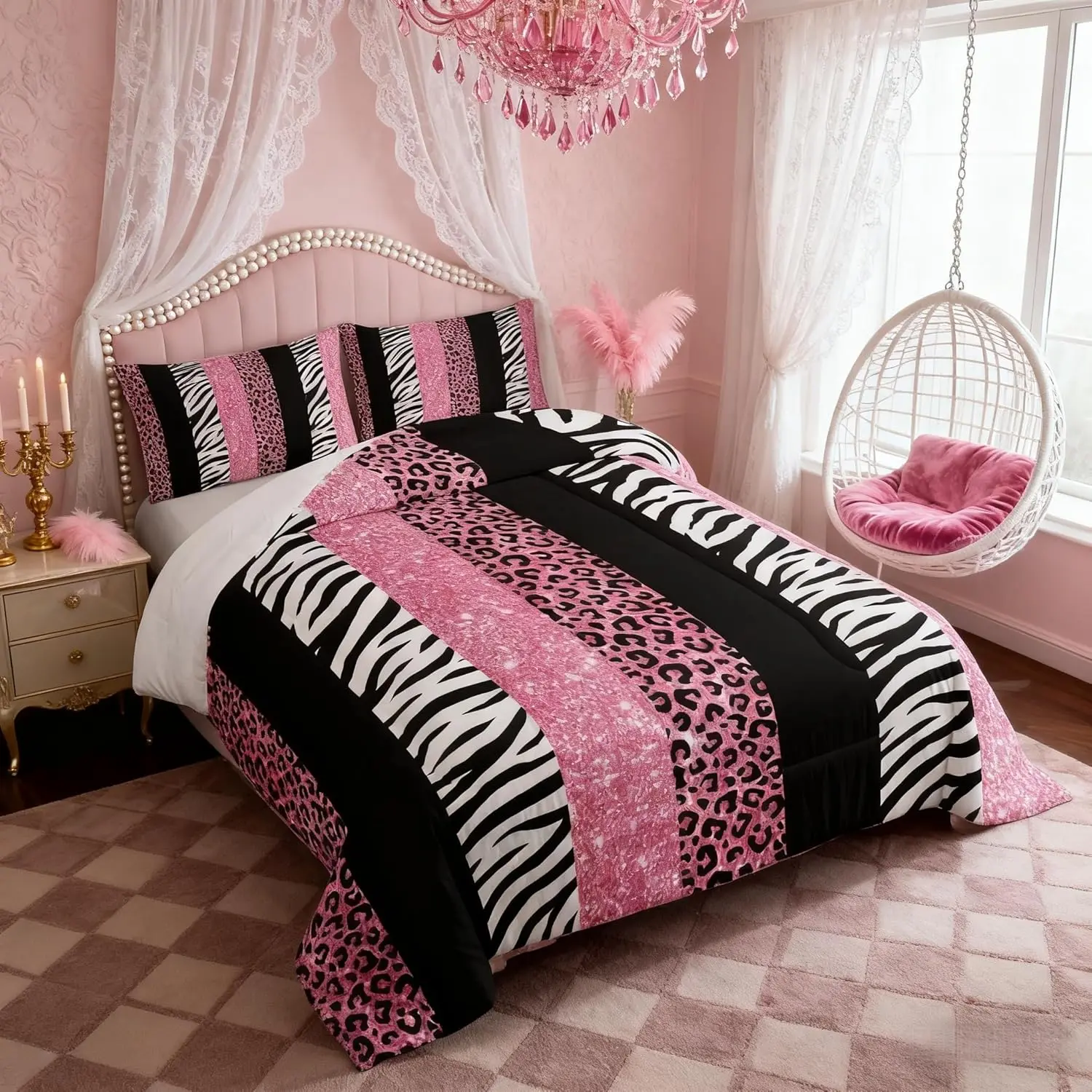 Leopard Comforter Set,Glitter Cheetah Zebra Animals Skin Bedding Set Women Room Decor,Geometric Stripes Patchwork Down Comforter,Pink Romantic Duvet Insert