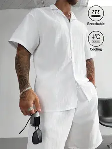 2pcs Men's Summer Set Lightweight Breathable Cuban Linen Shirt & Drawstring Shorts Vintage Gentleman Style Casual Beach Wedding Party Holiday Travel Outfit Father's Day Gift For Husband Dad Boyfriend Comfortable Versatile Menswear Fabric