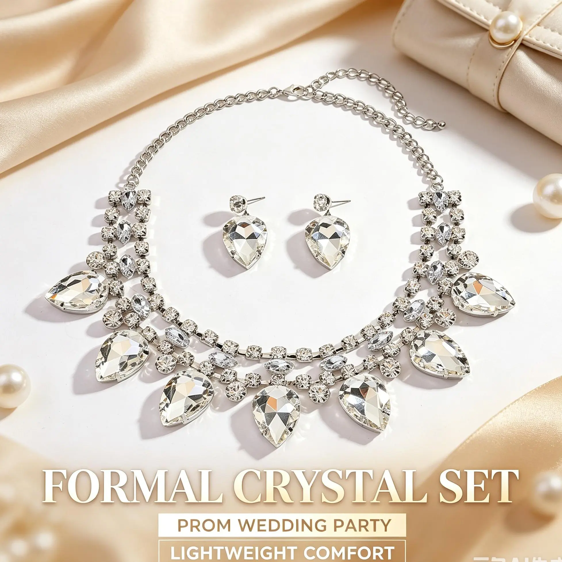 Unisex Elegant Crystal Jewelry Set - Teardrop Rhinestone Design Rhinestones Sparkly Necklaces & Matching Earrings with Initial Beads for Adults, Wedding, Graduation Gifts