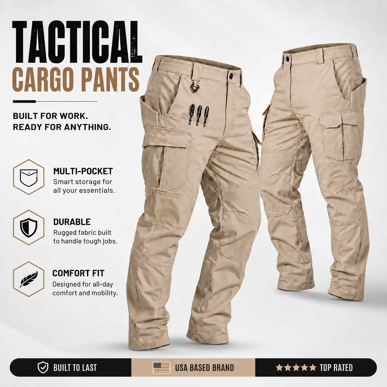 Men’s tactical pants, slightly stretchy waterproof fabric, single pack, durable hard shell construction, wear-resistant workwear pants, grid fabric, suitable for hiking, casual wear, and work, multi-pocket design (no belt).