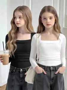 Girls' Knitted Basic Long Sleeve Bottom Top 2-piece Set, slim fit and slimming, simple and comfortable, casual daily wear, spring, summer, autumn, winter, machine washable and dry cleanable, can be worn inside or outside, girls' clothing, Knitwear