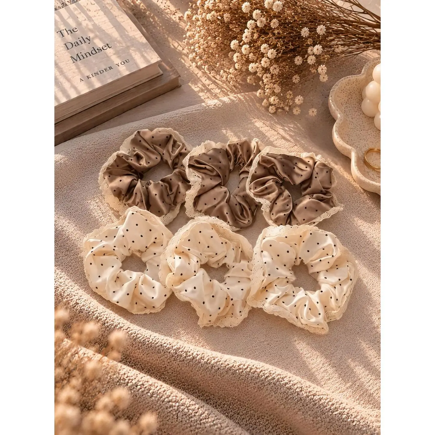 3 Piece Set of Polka Dot Hair Scrunchies in Neutral Tones for Everyday Use