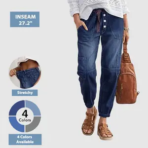 Flamingals Multi Pocket Button Fly Mid Rise Straight Leg Jeans for Women's Bottom - Womenswear Fit Denim Blue Comfortable