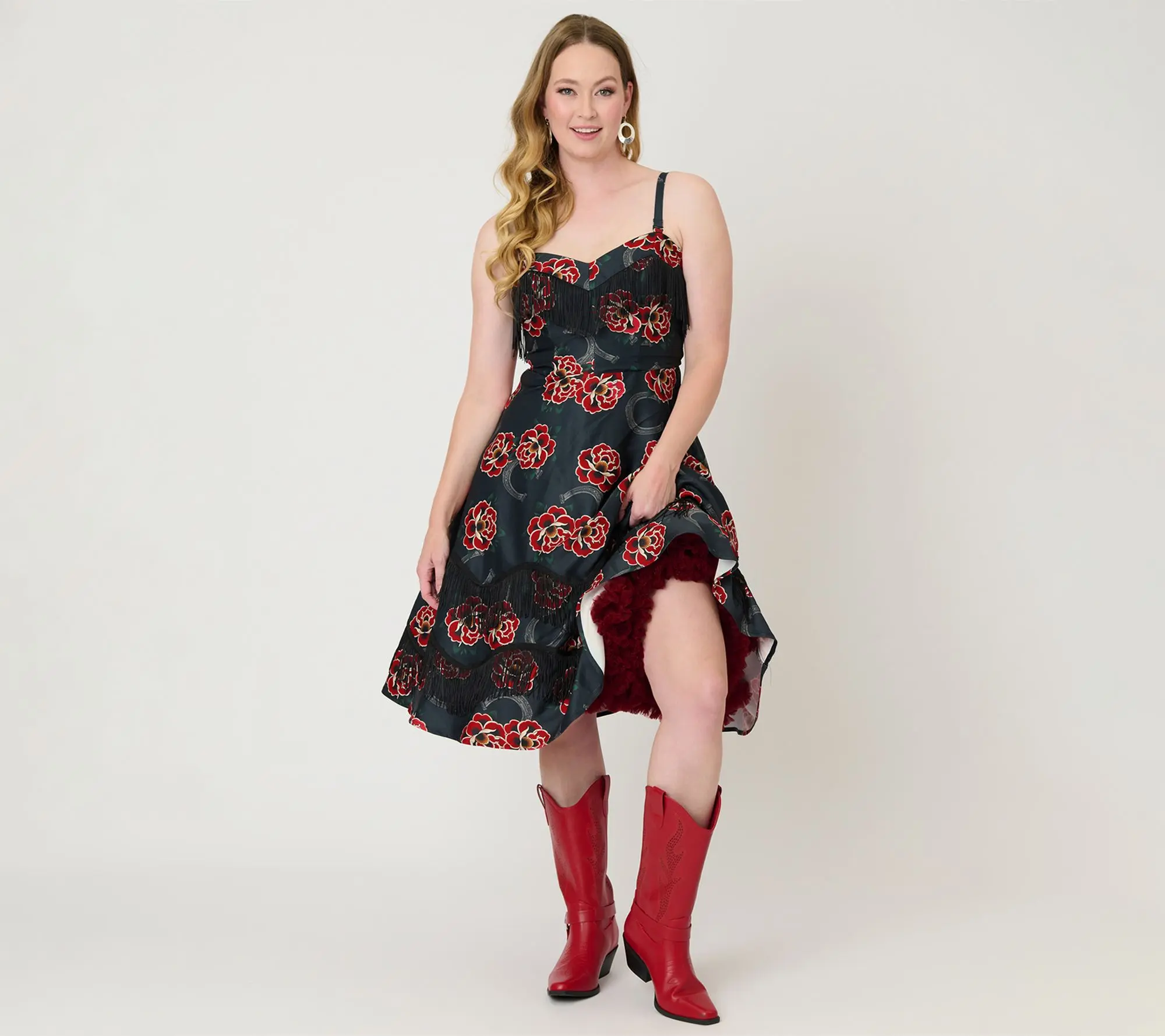Unique Vintage Black & Rose Print Fringe Girlie Swing Dress