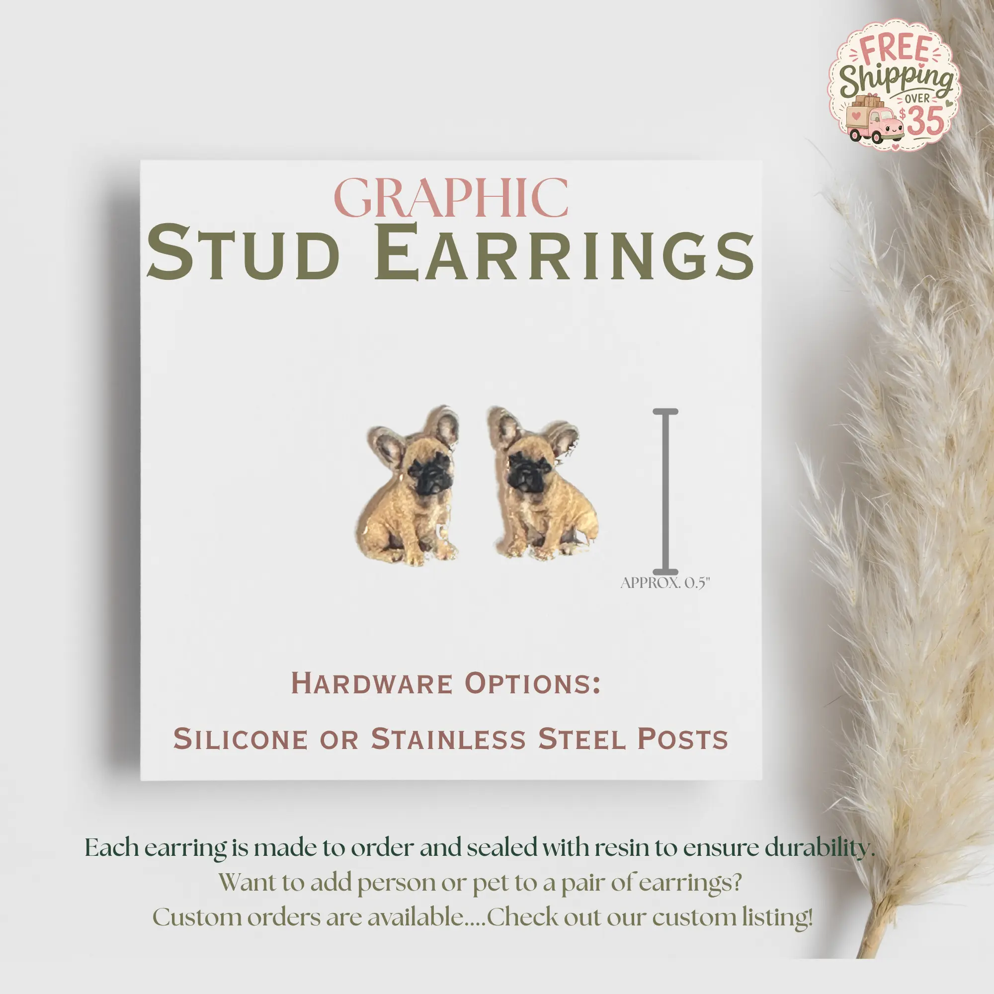 Fawn French Bulldog Stud Earrings, Frenchie Earrings, Dog Lover Gift, Cute Puppy Earrings, Graphic Stud Earrings