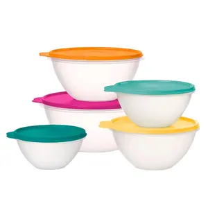 Wondelier Colorful Tableware Bowl Set with Clear Lids Pink Green Orange Yellow Blue Natural Base Capacity 2-10.5 Cups