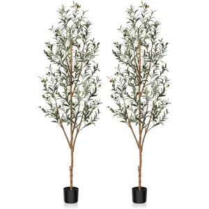 Artificial Olive Tree 6FT Tall Faux Silk Plant for Home Office Decor Indoor Fake Potted Tree with Natural Wood Trunk and Lifelike Fruits, 2 Pack