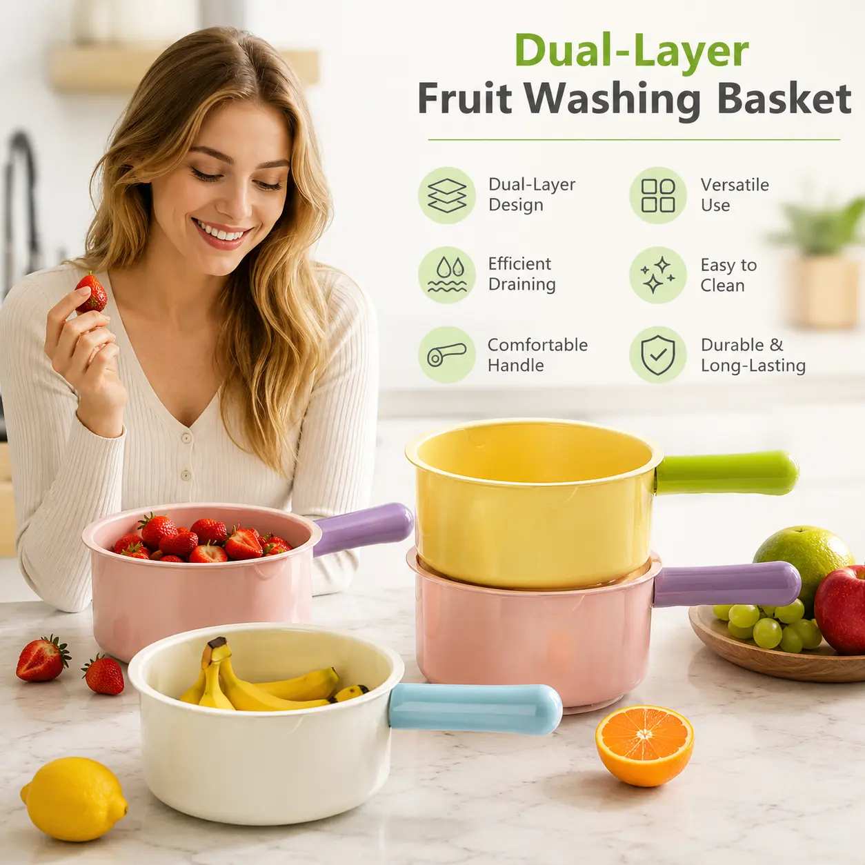 1 Count, Double Layer Colander Basket with Single Handle Cartoon Print, for Kitchen Fruit Vegetable Washing and Draining