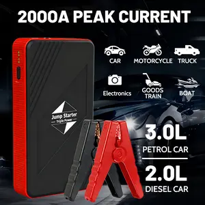 2000A Peak Car Jump Starter, 10000mAh Portable Battery Pack, Fast Charge Power Bank, for Up to 3.0L Gas / 2.0L Diesel Engines, LED Emergency Light, Compact