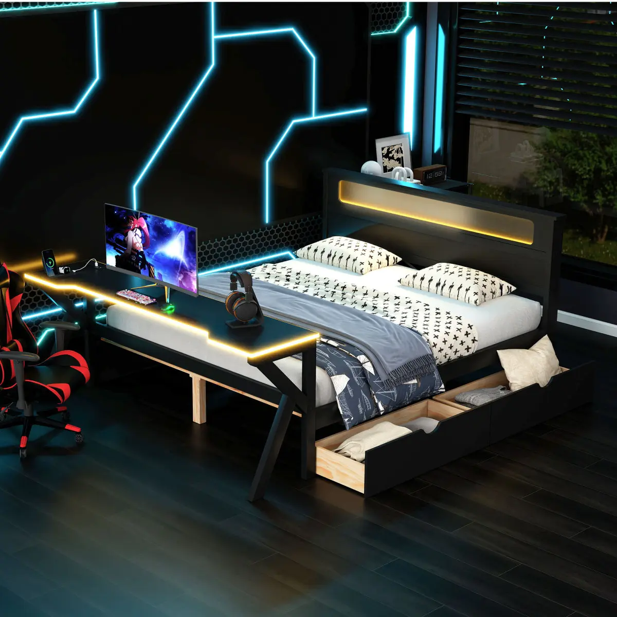 Full Size Gaming Wood Bed Frame with Desk, LED Headboard, USB Ports & 2 Storage Drawers, Wooden Platform Bed, No Box Spring Needed, Black, Wood Bed Frames