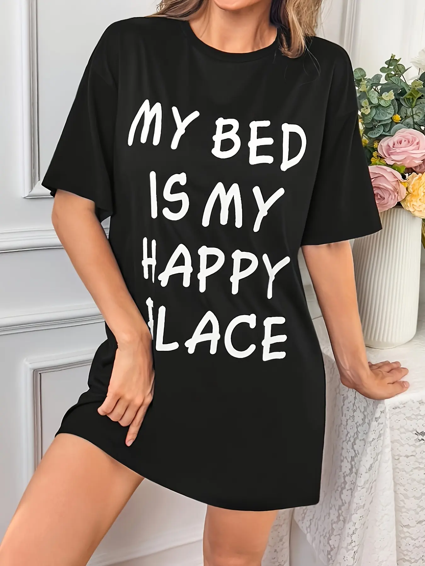 My Bed Is My Happy Place Letter Print T Shirt Dress Women Loose Crew Neck Short Sleeve Soft Casual Loungewear Night Mini Dress