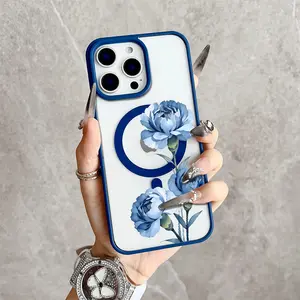 Blue Carnation Watercolor Magnetic Snap Case for iPhone 17/16 Pro Max 15 Pro 14 13 12 Mini 11 XR XS Plus SE Shockproof Slim Protective Cover