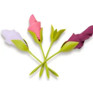 Flower shaped napkin holderfor Tables, Set of 4 Green Stemmed Plastic Twist Flower Buds Serviette Holders Plus White Napkins for Making Original Table Arrangements, Home