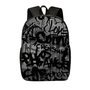 Graffiti Print Backpack, Urban Street Art Lightweight Large Capacity Daypack with Adjustable Straps & Side Pockets, Black Laptop Bookbag for Commute, Hiking, Travel, Outdoor Adventures, Edgy Bag for Men Women, Cool Unique Gift
