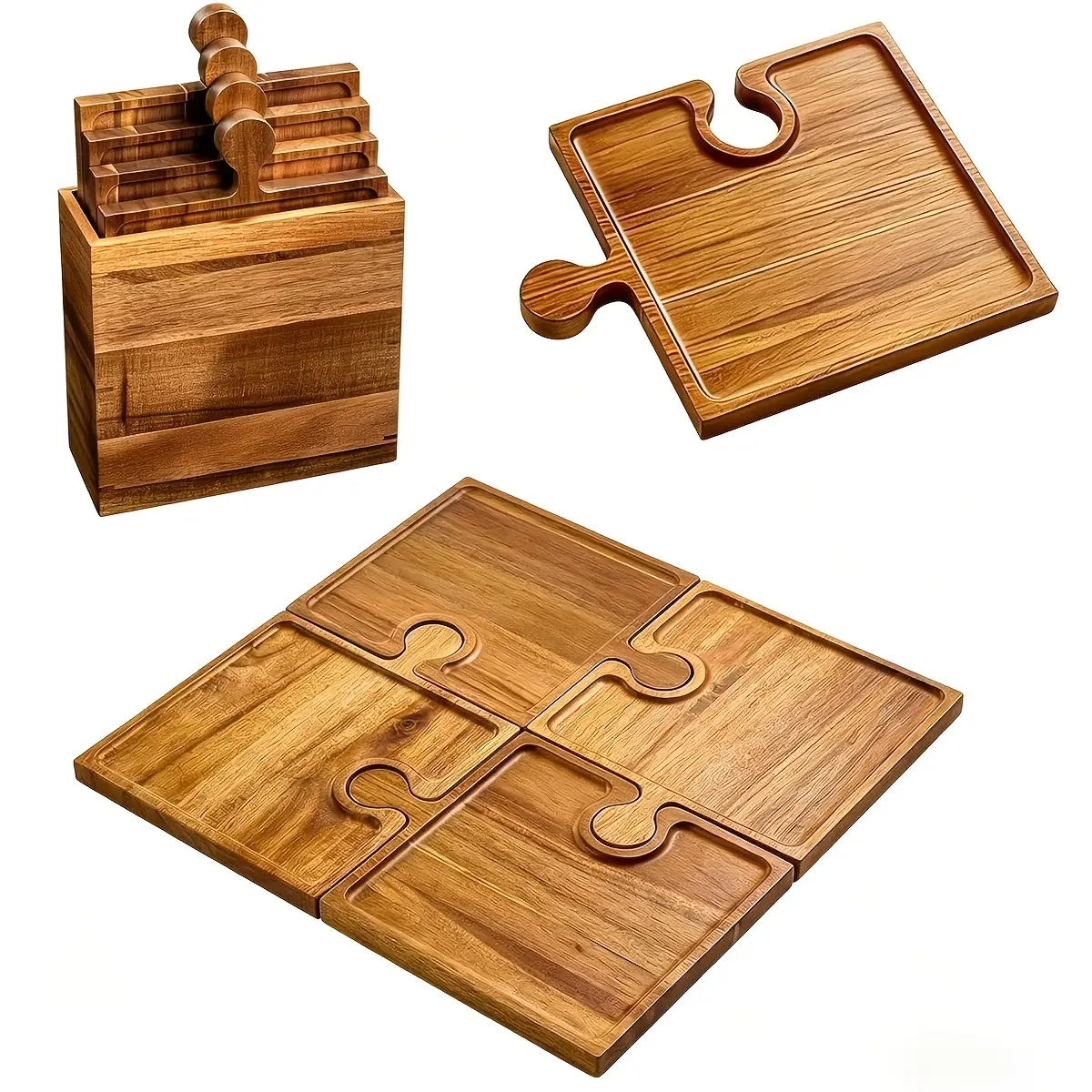 Rosewood 4-Piece Kitchen Set - Interlockable Puzzle-Style Deli Platter, Party Use Appetizer Tray, Handle-Equipped Chopping Board with Storage Box, Cheese Serving & Wine Gift Accessory