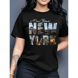 COD [NYC Skyline Tee] Women'S "1976 New York" Graphic Tee - Breathable Short Sleeve Crew Neck Summer T-Shirt with NYC Skyline Print, Black Casual Top for Vacation, Casual Summer Wear |   NYC Skyline Print |   Apply Detailing