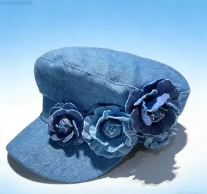 2026 Spring And Autumn Women'S Denim Rose Design Baseball Cap, Octagonal Hat, Beret - A Must-Have For Parties, Dates, Going Out, Outdoor Camping - A Perfect Gift